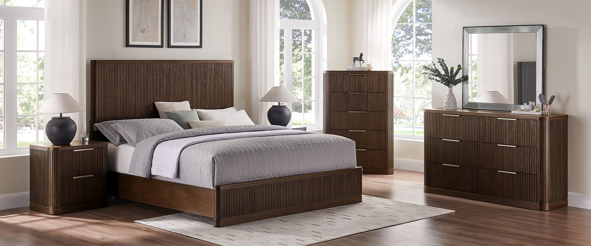 3-Piece Dark Brown Wooden Fluted Bedroom Set