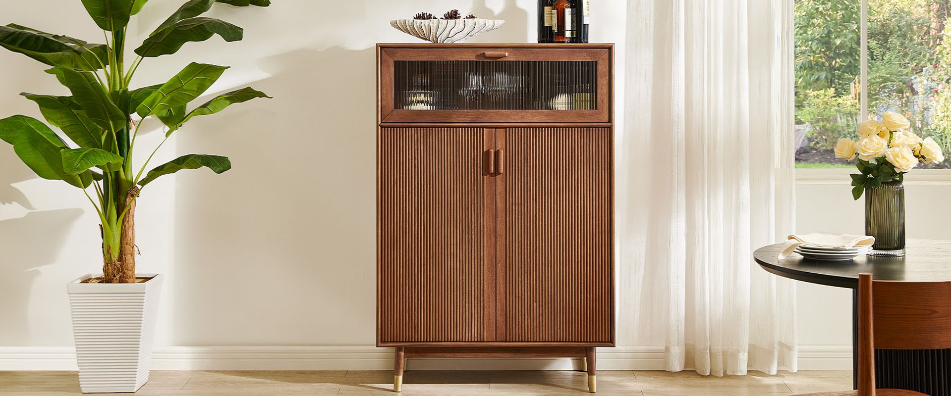 Mid Century 38" Solid Oak Wine Bar Cabinet