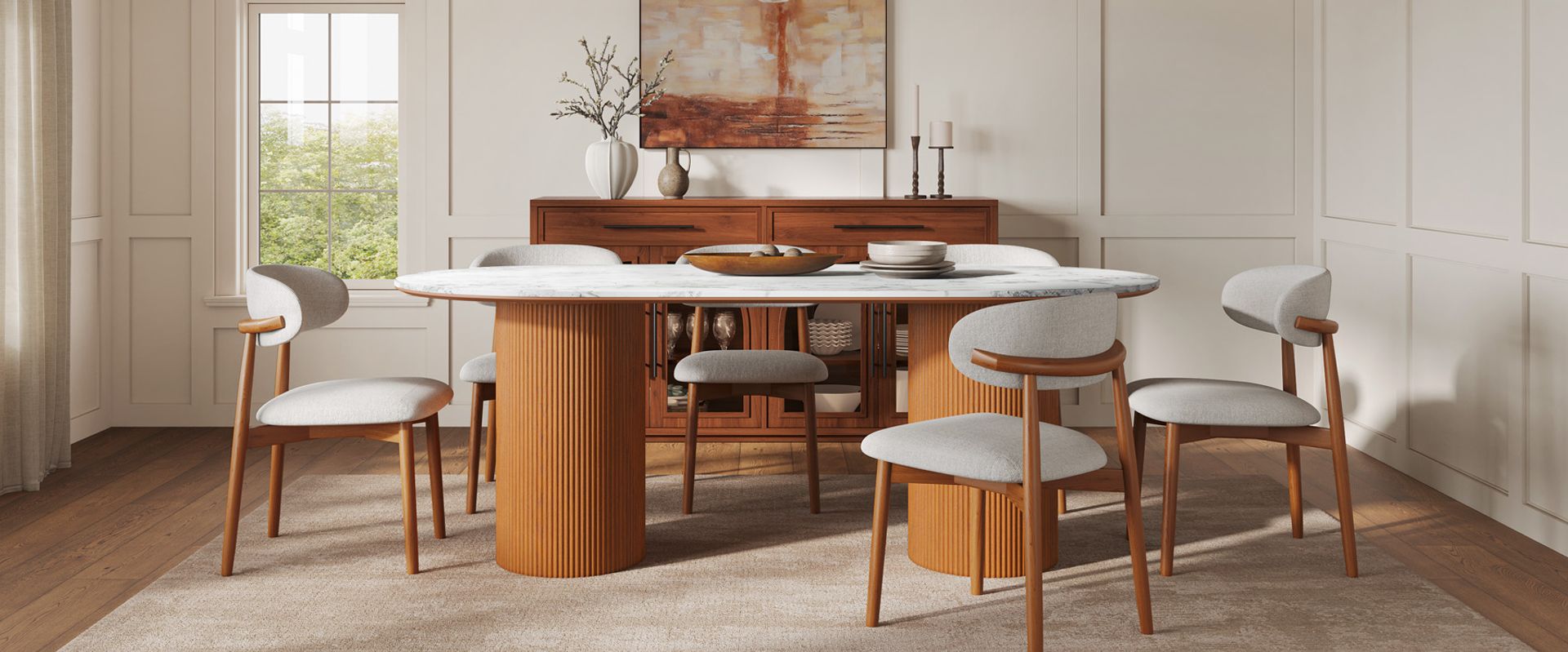 84" Oval Dining Table with White Stone Top and Solid Oak Base for 4-6 Person