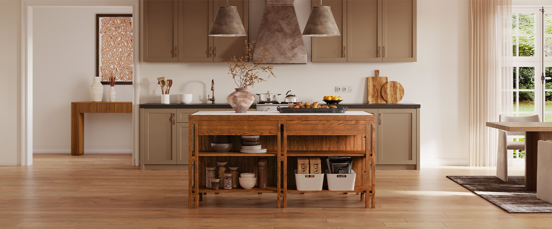 Mid Century Modern 72" Sintered Stone Kitchen Island with Storage for Kitchen