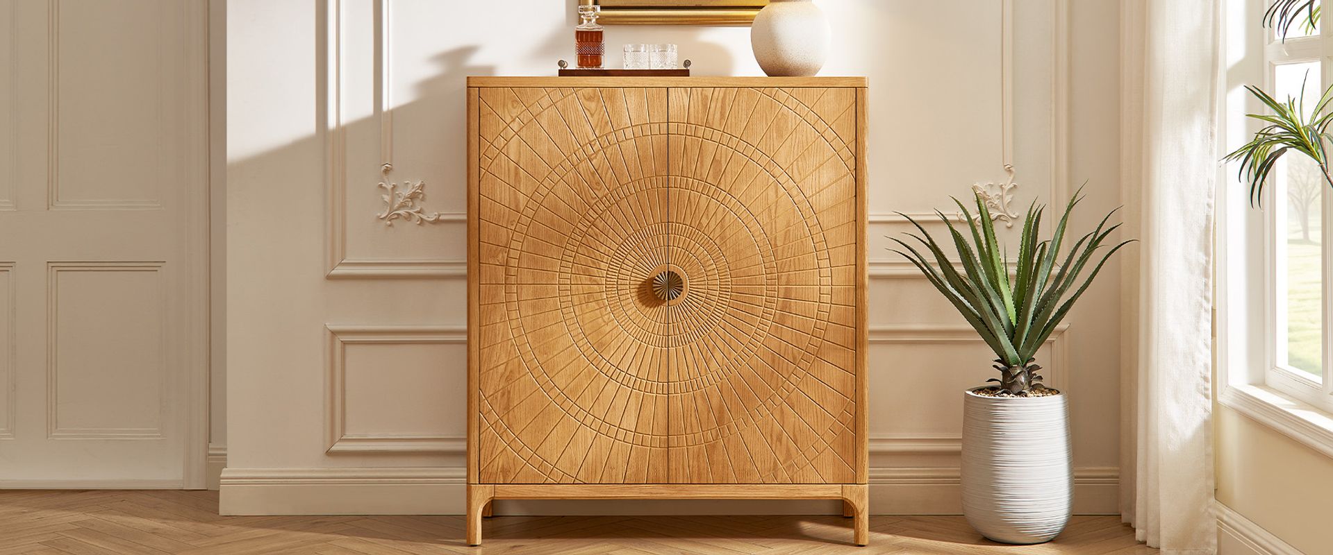 47" Mid Century Natural Solid Oak Home Bar Storage Cabinet