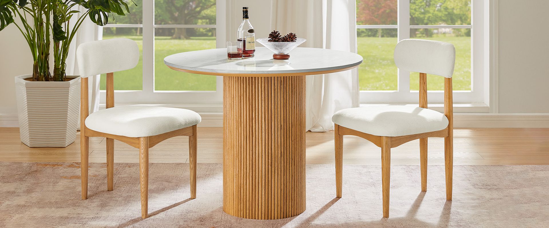 39" Fluted Oak Dining Table with Chairs Set for 2