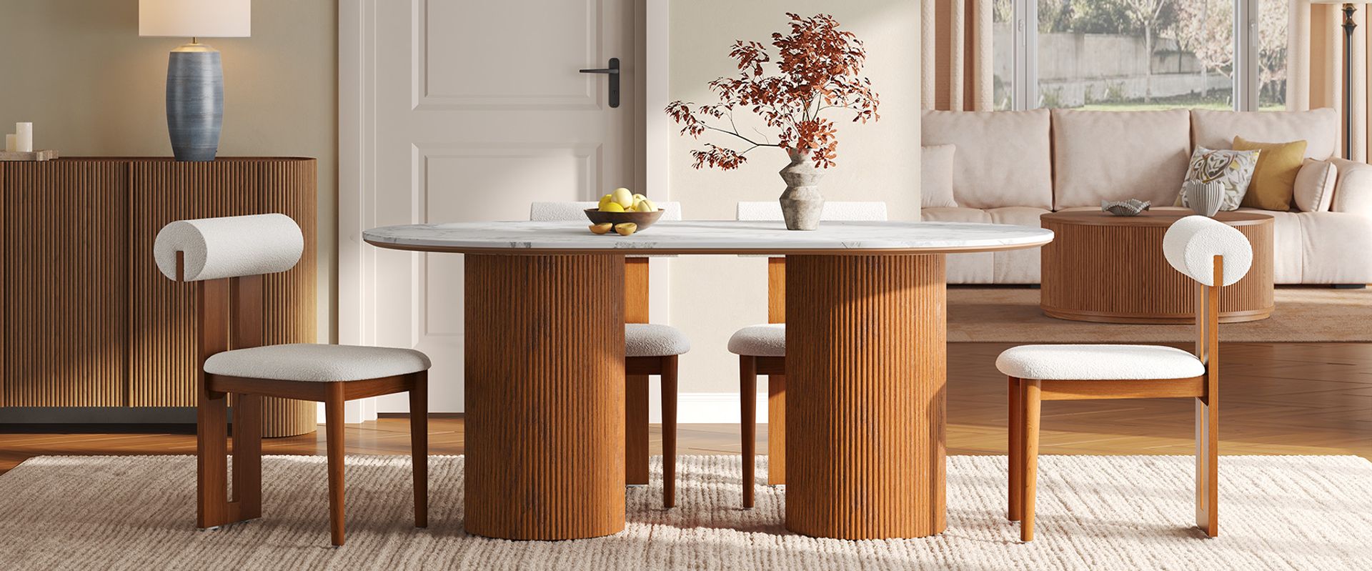 72" Oval Dining Table with White Stone Top and Solid Oak Base for 4-6 Person