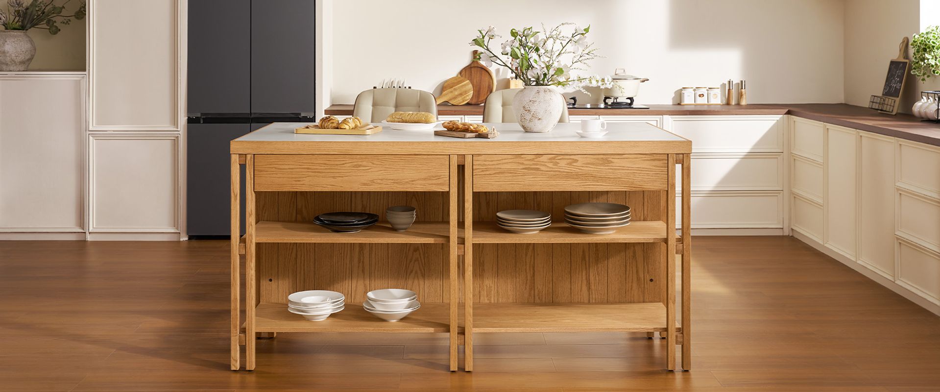 Mid Century Modern 72" Sintered Stone Kitchen Island with Storage for Kitchen