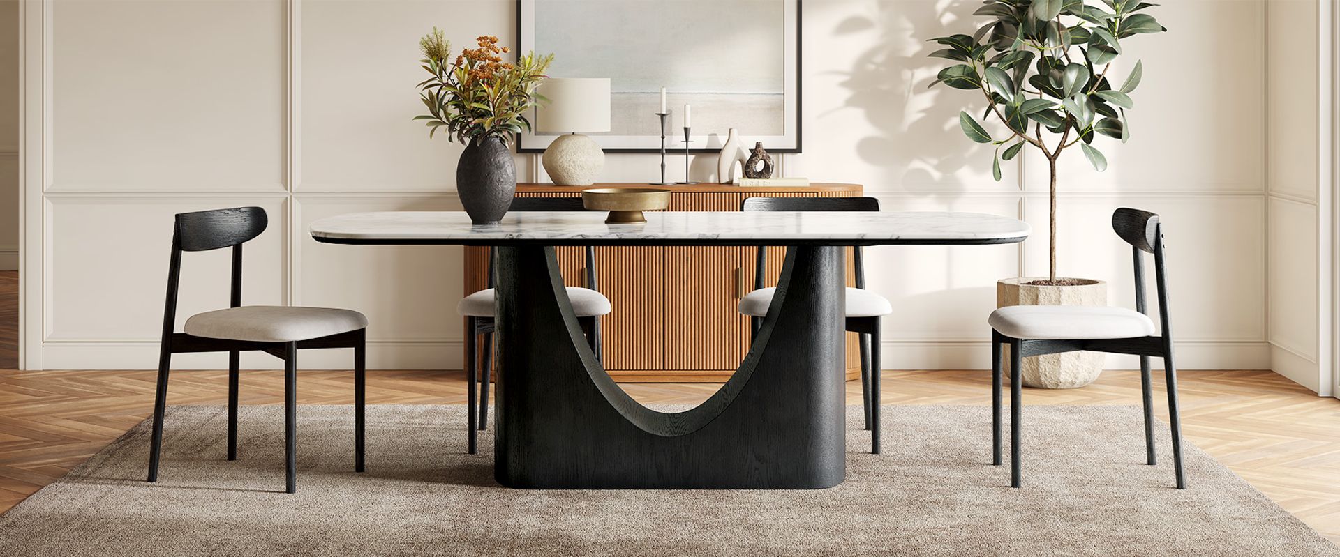 84 Inch Engineered Stone Dining Table with Oak Veneers Base for Dining Room