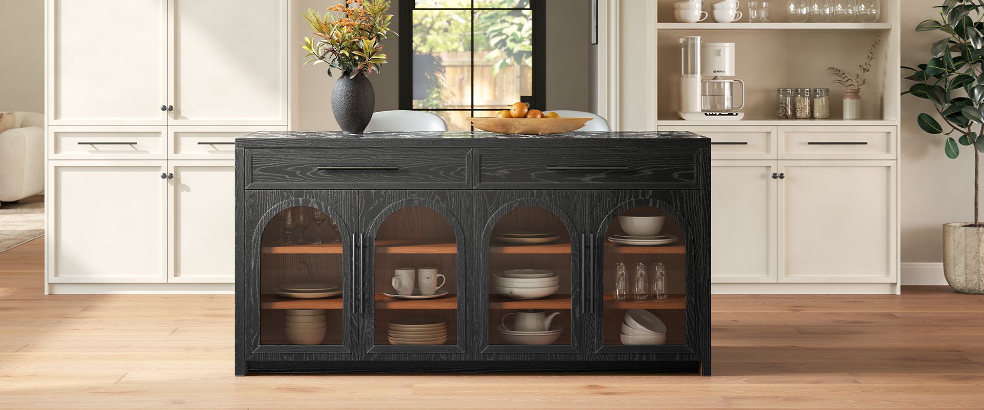 Mid-century Modern 72" Black Engineered Stone Kitchen Island with Arched Glass Door and Drawers