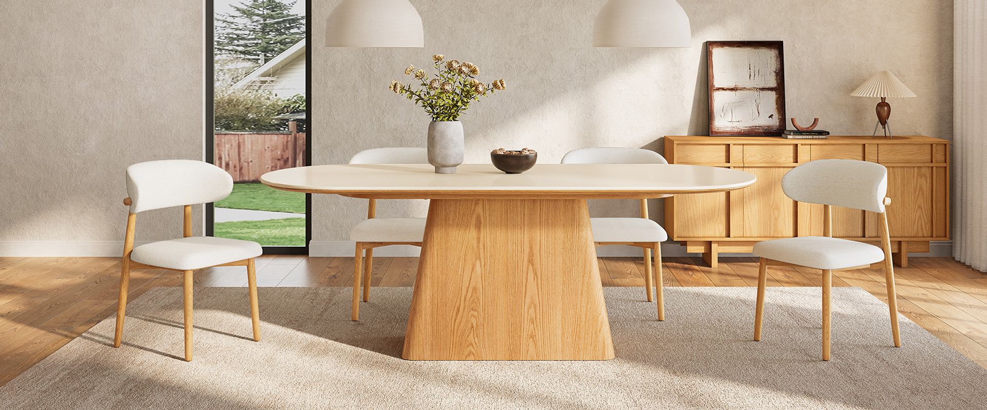 84 Inch Engineered Stone Dining Table with Brown Wooden Pedstal Base for Dining Room