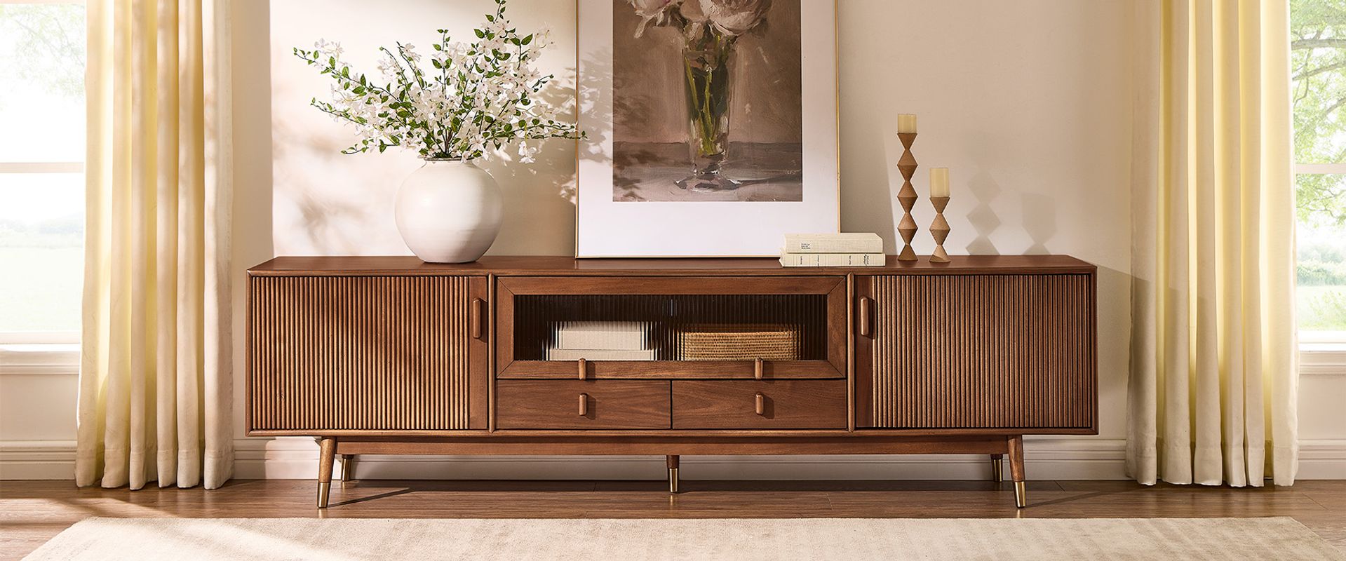 80 inch Solid Wood & Glass Doors TV Stand