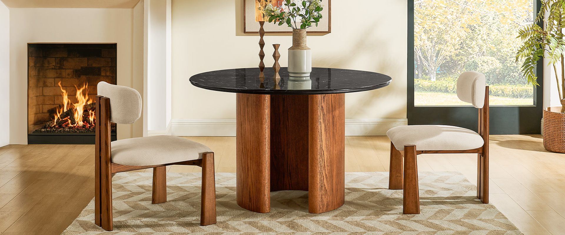 48 Inch Round Engineered Stone Dining Table with Solid Oak Base for Dining Room