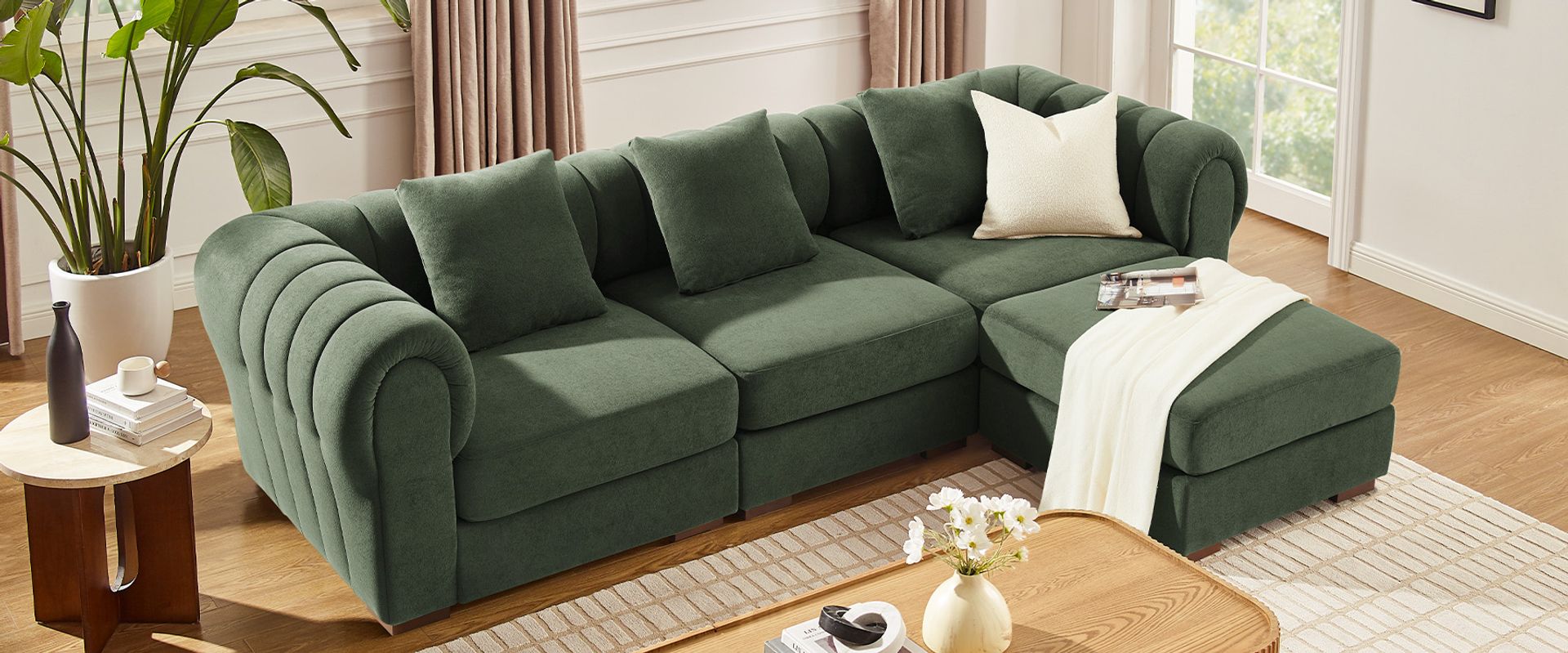green L-shaped modular sectional sofa 