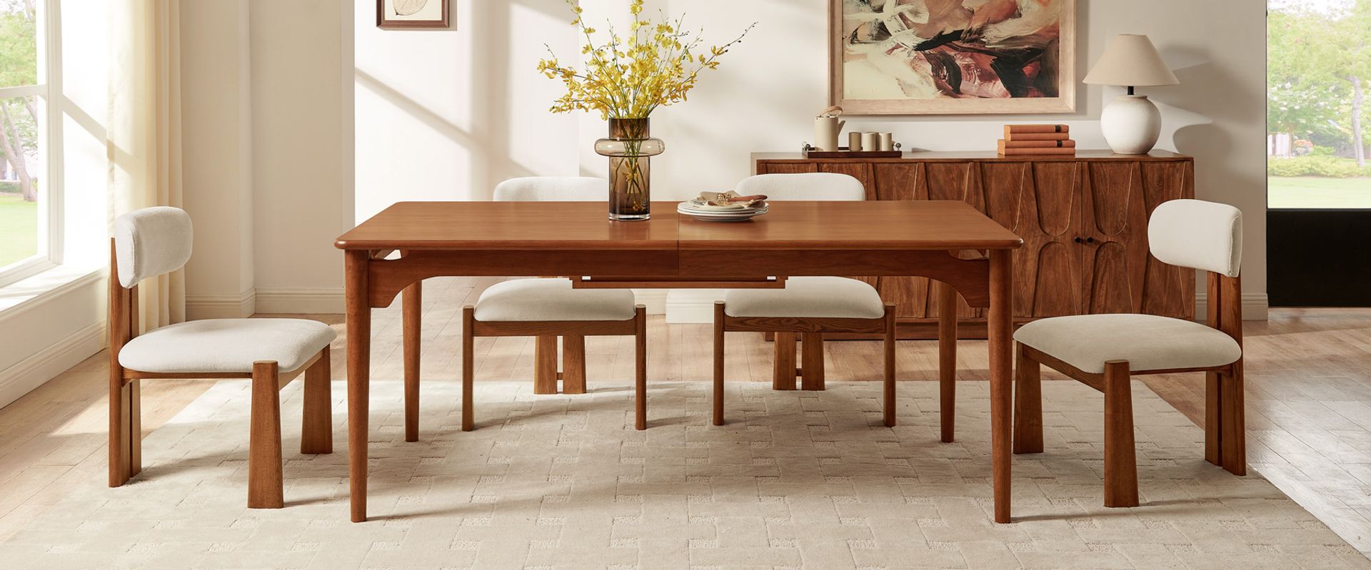 72"-92" MCM Solid Wood Brown Extenpable Dining Table for 8