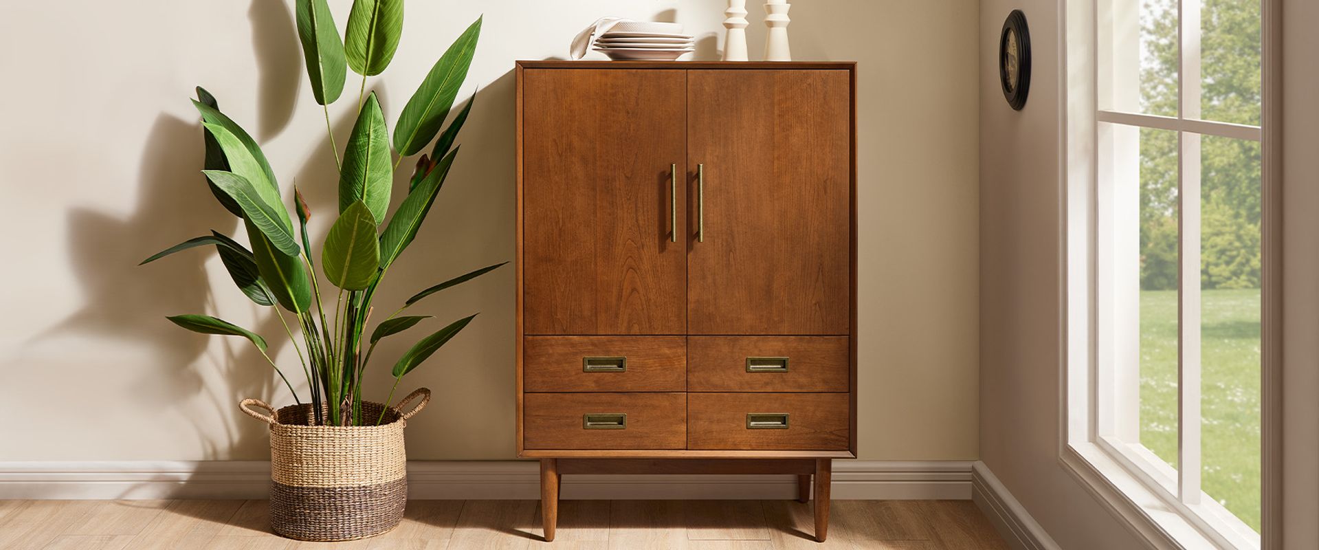 Mid Century Kaden 33" Cherry Wine Bar Cabinet with Drawers for Dining Room
