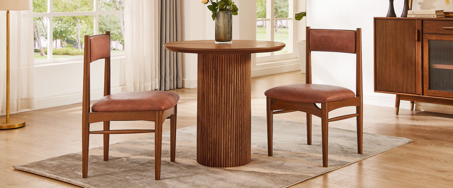 Solid Oak Dining Chairs with Brown PU Leather Upholstery for Dining Room