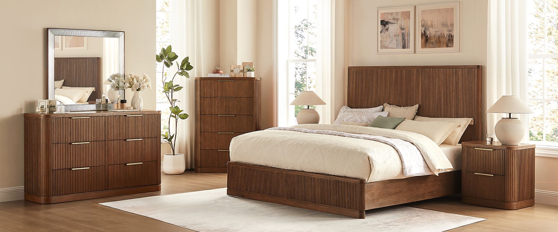 3-Piece Brown Wooden Fluted Bedroom Set