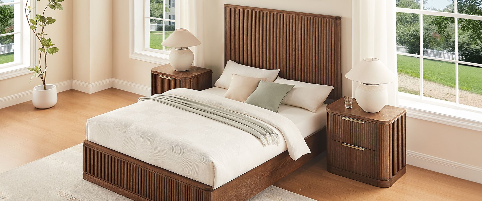 3-Piece Brown Wooden Fluted Bedroom Set