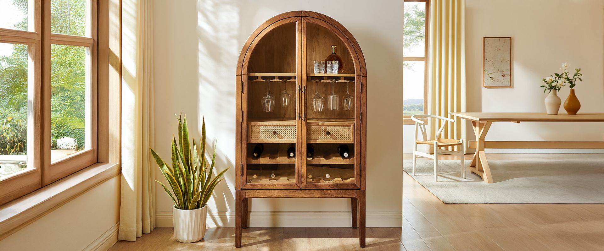 mid century modern 36" wood bar cabinet in brown with arched design glass door and storage for home