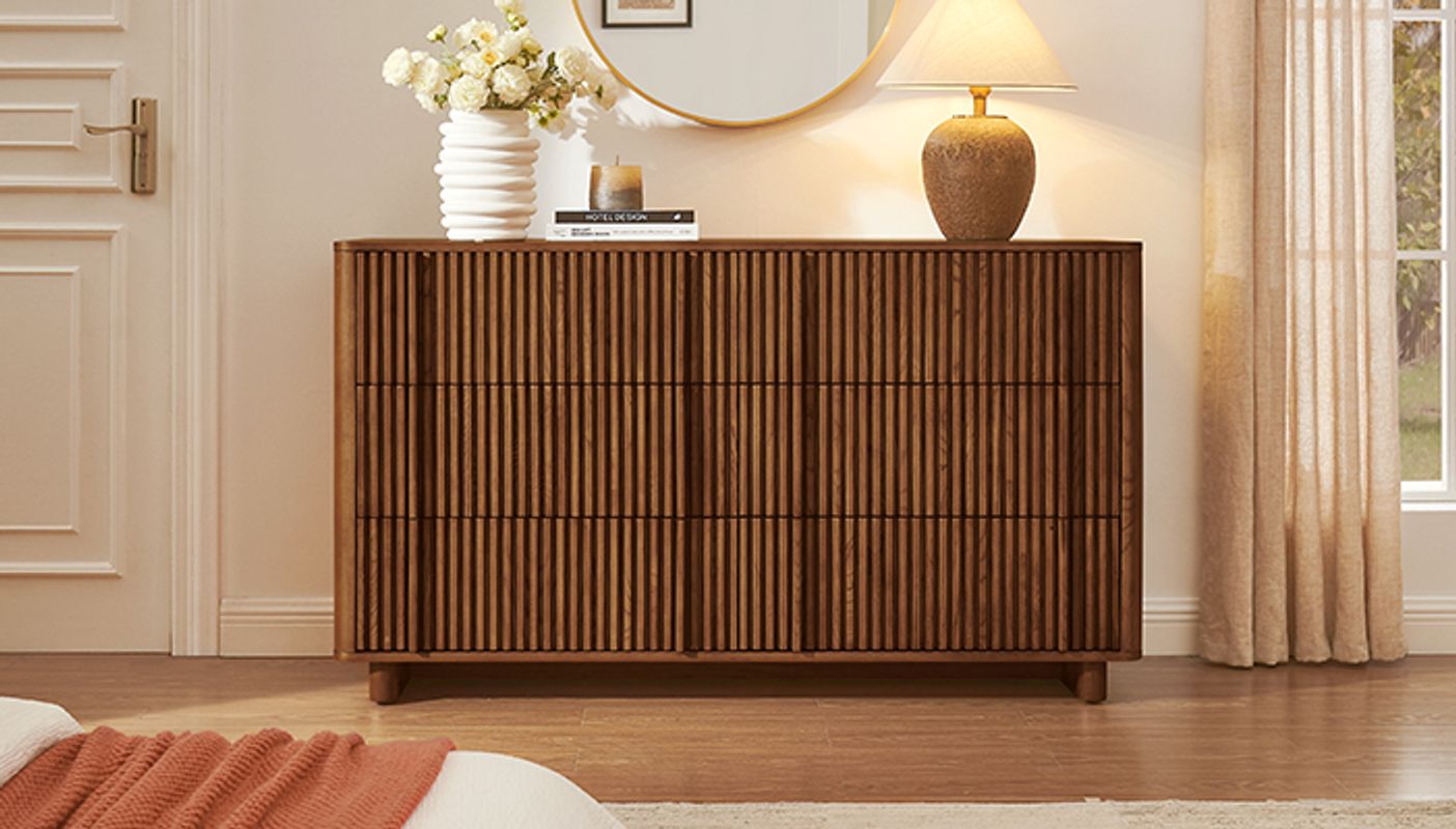 Sabina 60 inch Fluted Ash Wood 6-Drawer Dresser with Solid Wood