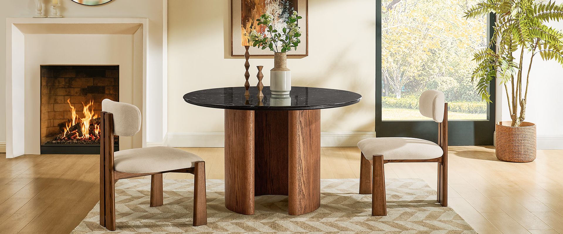 48 Inch Round Engineered Stone Dining Table with Solid Oak Base for Dining Room