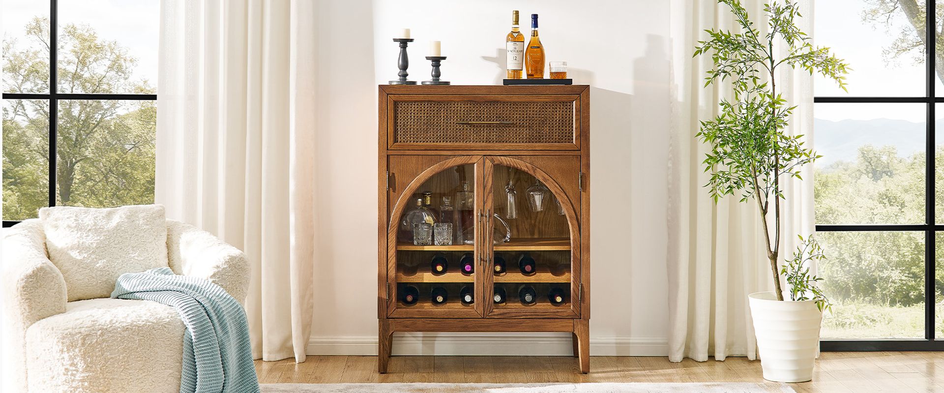 Valborg 36" Black Oak Bar Cabinet with Arch Desin Doors for Dining Room