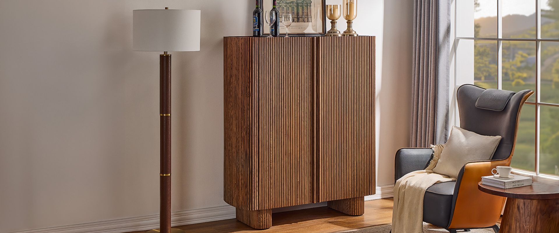 Marisol 47" BrowmOak Bar Cabinet with Solid Oak Fluted Design