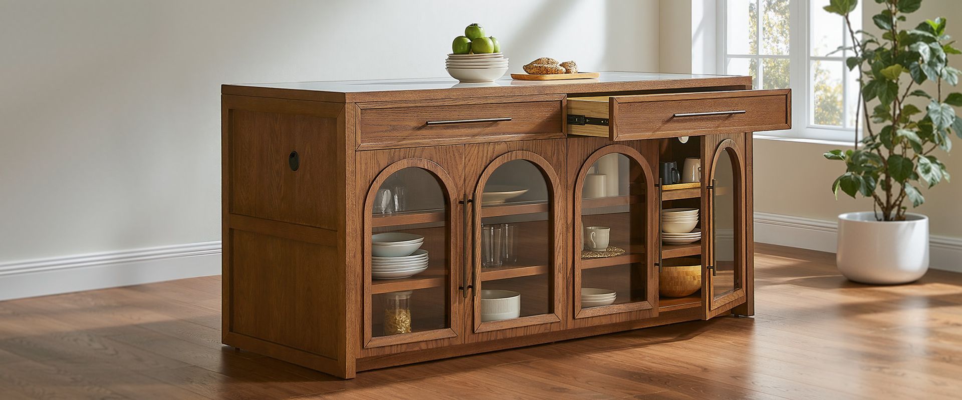Mid-century Modern 72" Black Marble Kitchen Island with Arched Glass Door and Drawers