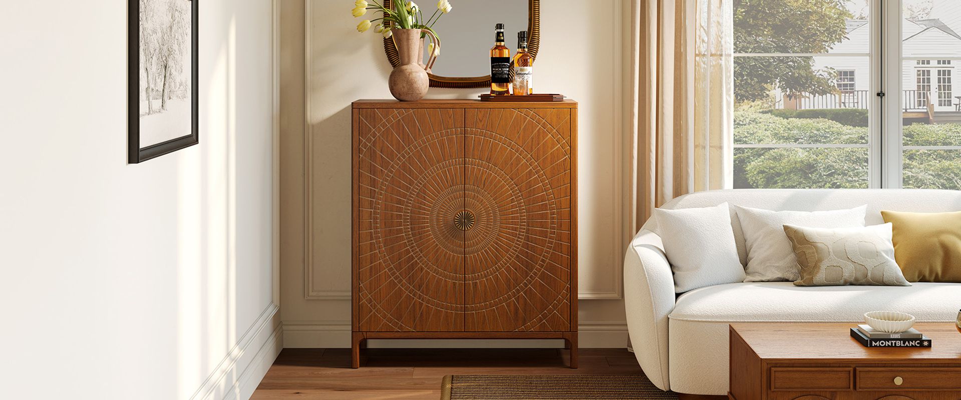 47" Mid Century Brown Solid Oak Home Bar Storage Cabinet