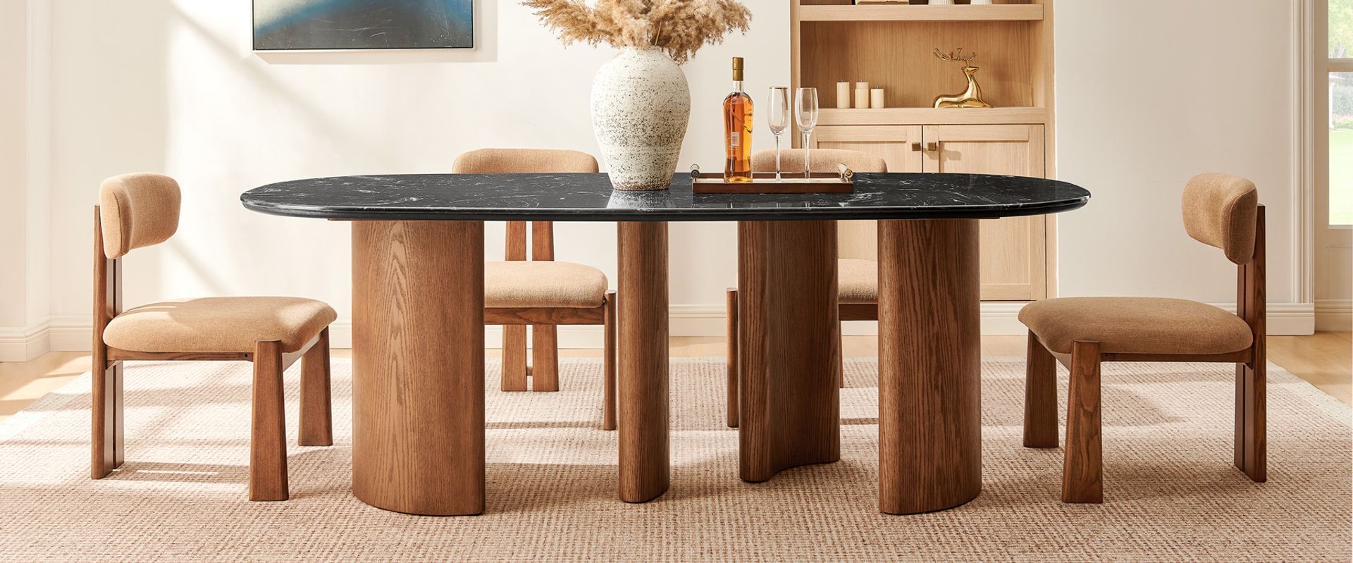 84" Engineered Stone Dining Table with Solid Oak Base for Dining Room