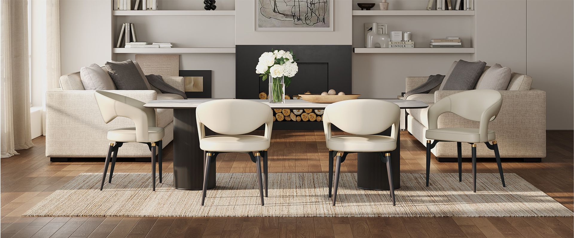 Three beige Hernest Liliana Armrest Leather Dining Chairs placed around a dark round table in a mid-century modern dining room setting.