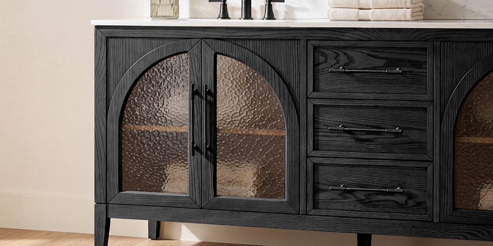 Elegant Arch Glass & Warm Oak Texture