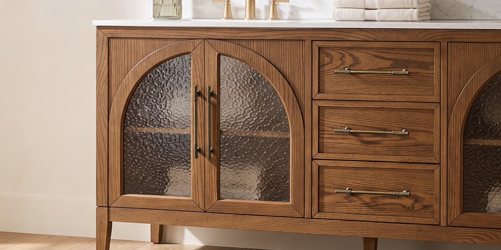 Elegant Arch Glass & Warm Oak Texture