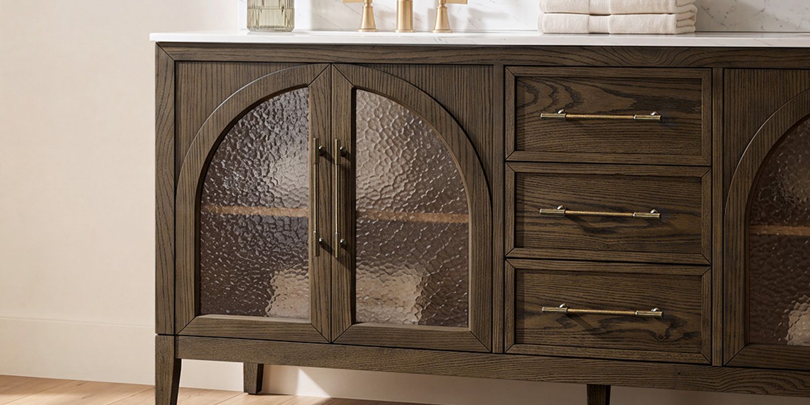 Elegant Arch Glass & Warm Oak Texture
