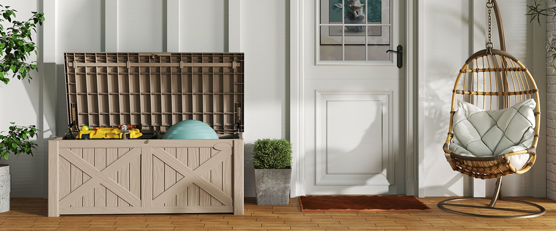 wooden deck box, 120 gallon deck box, 120 gallon resin deck box, wood storage deck box