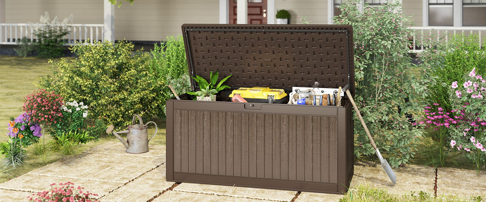 brown deck box​, brown resin deck box, 260 gallon deck box, deck storage box​, extra large deck box, 260 gallon extra large deck box​, resin deck box, black deck box, waterproof deck box, outdoor deck box, large brown deck box