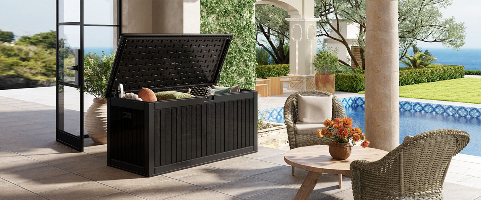 260 gallon deck box, deck storage box​, extra large deck box, 260 gallon extra large deck box​, resin deck box, black deck box, waterproof deck box, outdoor deck box