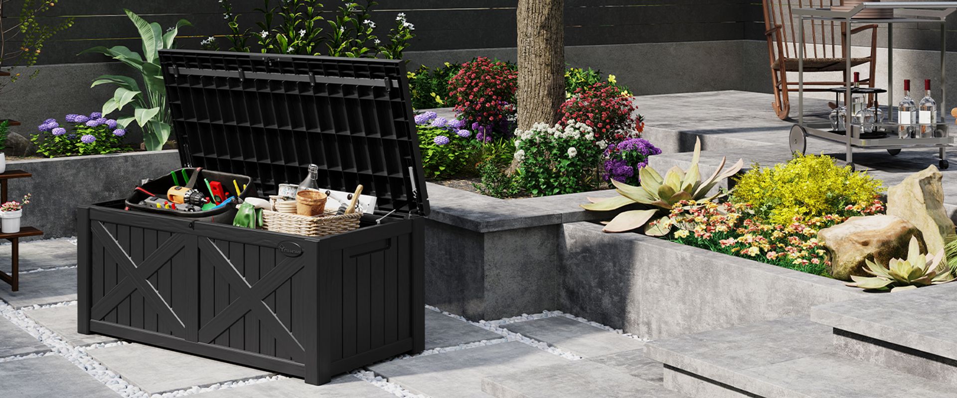 large black deck box, 120 gallon deck box, black deck storage box, black deck box waterproof, 120 gallon deck storage box, 120 gallon outdoor deck box, 120 gallon resin deck box