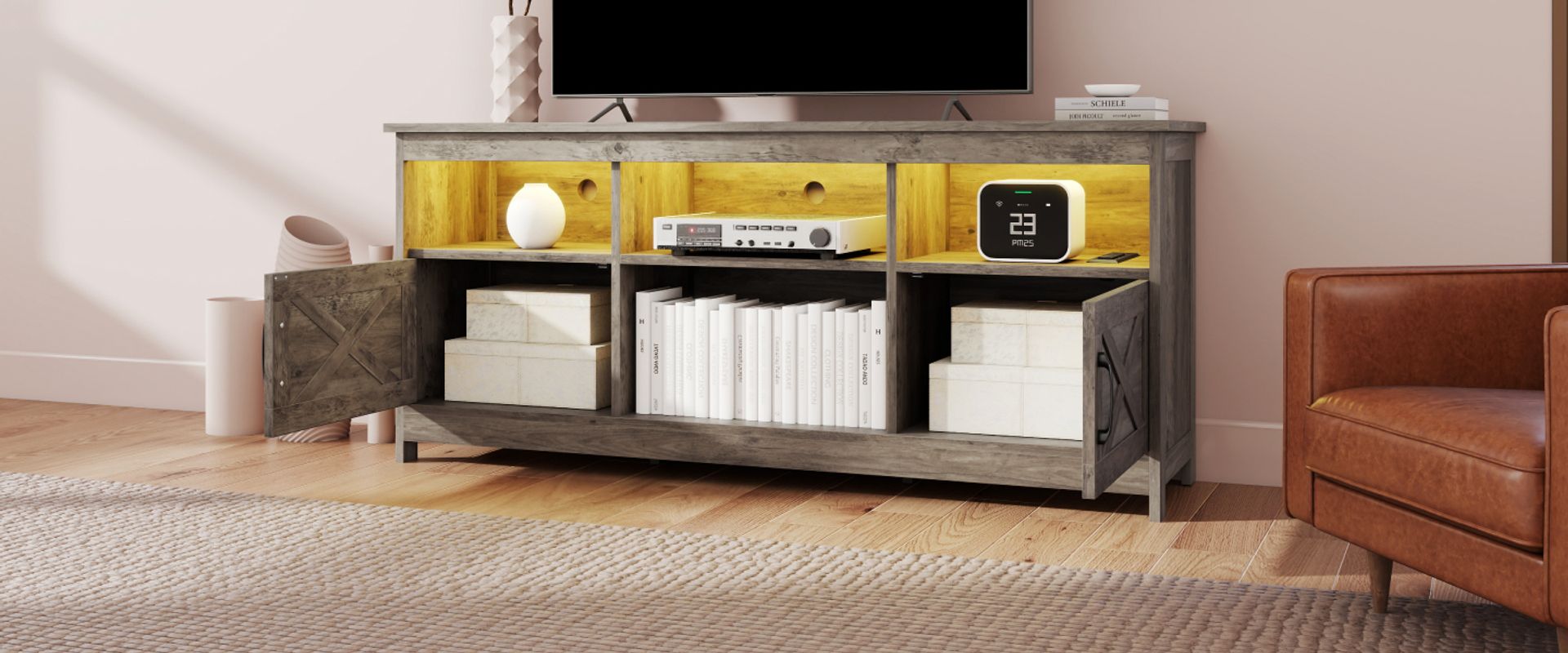 light grey tv stand, tv stand with storage, farmhouse tv stand​, tv stand with adjustable shelves, tv stand with open shelves, tv stand with adjustable shelves, tv stand for 65 inch tv