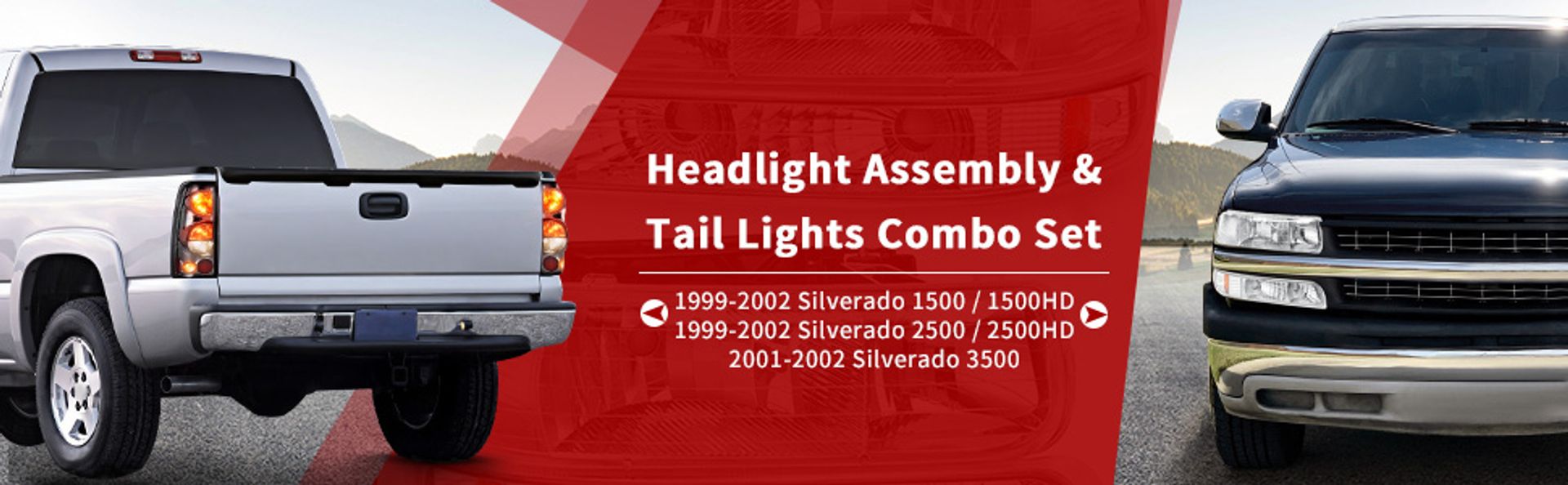 1999-2002 Chevy Silverado Chrome Housing Replacement Headlights + Clear Lens Taillights Combo