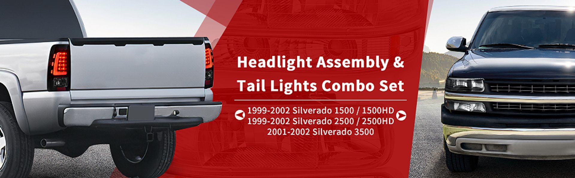  1999-2002 Chevy Silverado Headlights Lamps + LED Tail Lights Black