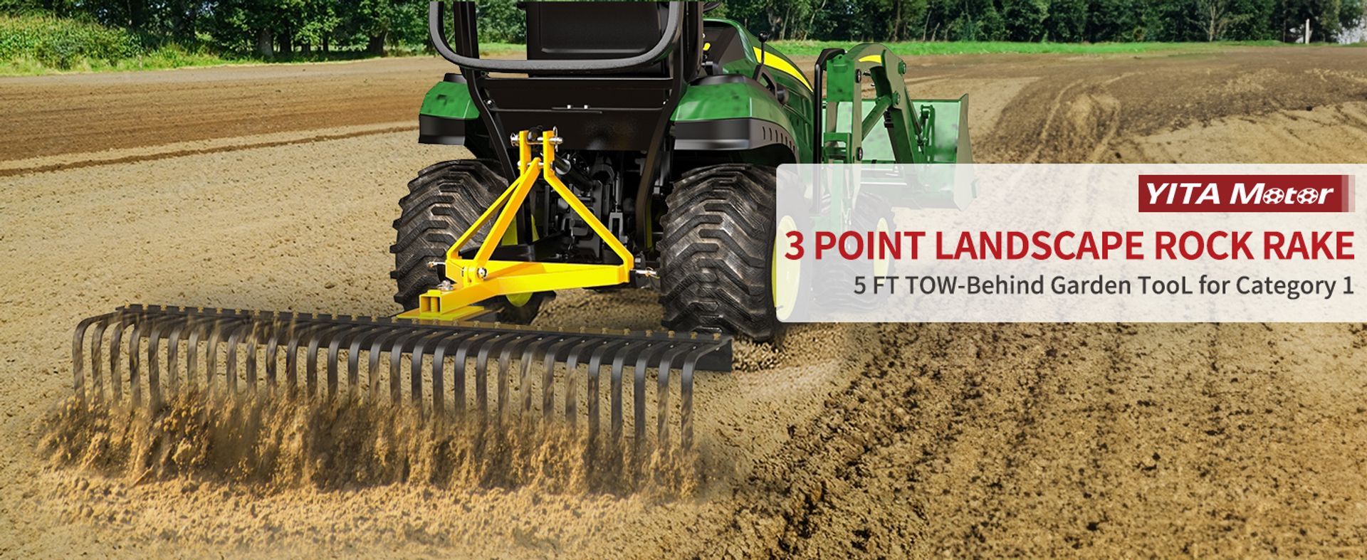 3 point landscape rake, rock rake for tractor, Category 1 rake, 5 ft rake, 360 degree rotation, replaceable teeth, YITAMOTOR, compact tractor attachment
