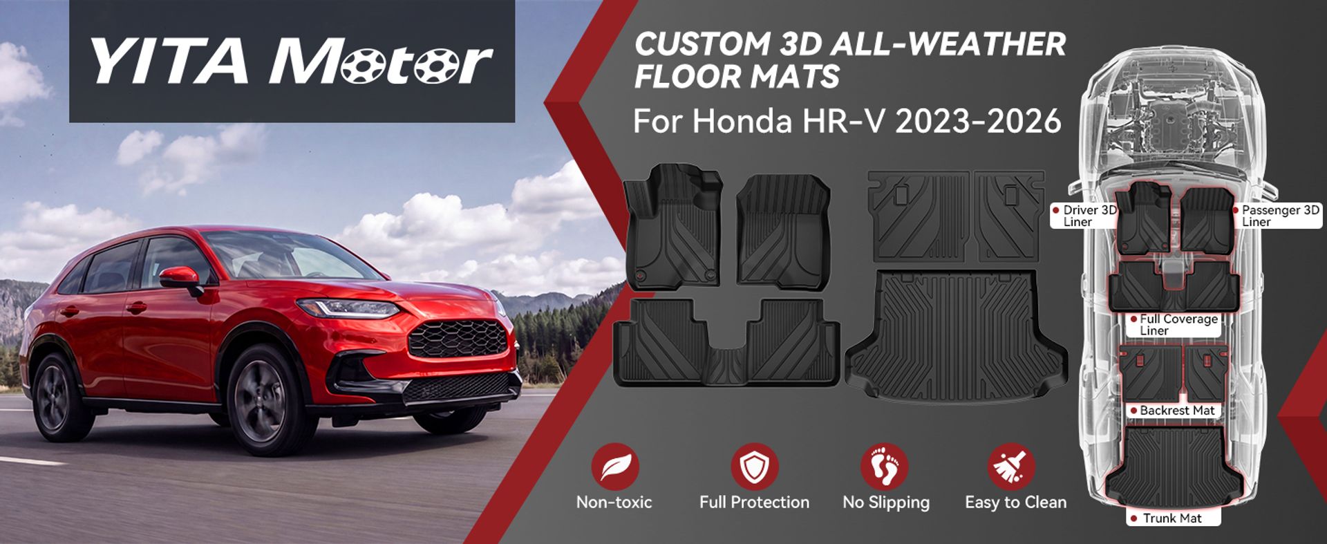 Honda HR-V floor mats, 2023 HR-V accessories, TPE cargo liner, HR-V backrest protector, all weather floor mats, HR-V LX Sport EX-L Touring, YITAMOTOR
