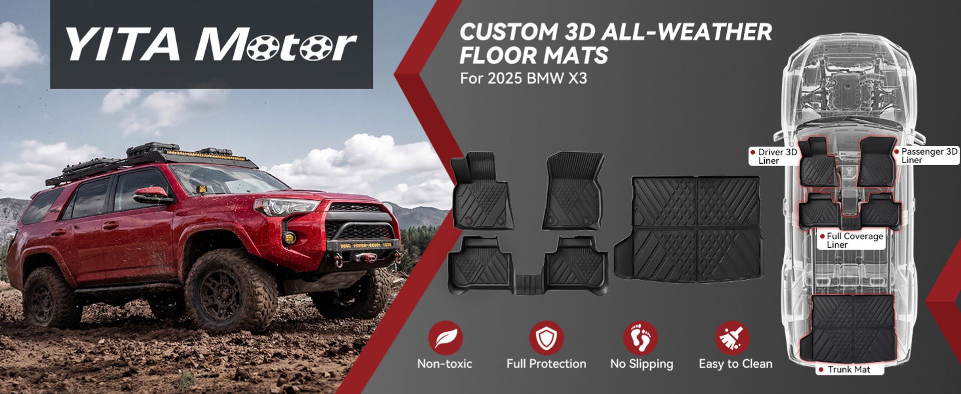 2025 BMW X3 floor mats, 2026 BMW X3 floor mats, BMW X3 G45 floor mats, BMW X3 cargo liner, BMW X3 all weather floor mats, BMW X3 TPE floor liners, custom fit BMW X3 accessories, waterproof floor mats, cargo mat for BMW X3, 30 xDrive floor mats, M50 xDrive floor liners, YITAMOTOR floor mats