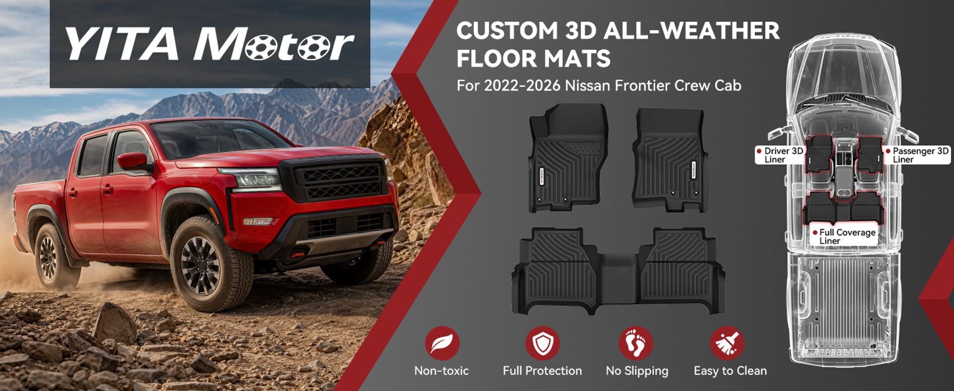 Nissan Frontier floor mats, Nissan Frontier floor liners, Nissan Frontier Crew Cab floor mats, 2022 Nissan Frontier floor mats, 2023 Nissan Frontier floor mats, 2024 Nissan Frontier floor mats, 2025 Nissan Frontier floor mats, 2026 Nissan Frontier floor mats, all weather floor mats, all weather floor liners, TPE floor mats, custom fit floor mats, custom floor liners, Nissan Frontier accessories, Crew Cab floor liners, waterproof floor mats, heavy duty floor mats, front and rear floor mats, interior protection mats, Nissan Frontier PRO-4X floor mats, Nissan Frontier PRO-X floor mats, Nissan Frontier SL floor mats, Nissan Frontier SV floor mats, Nissan Frontier S floor mats, YITAMOTOR floor mats