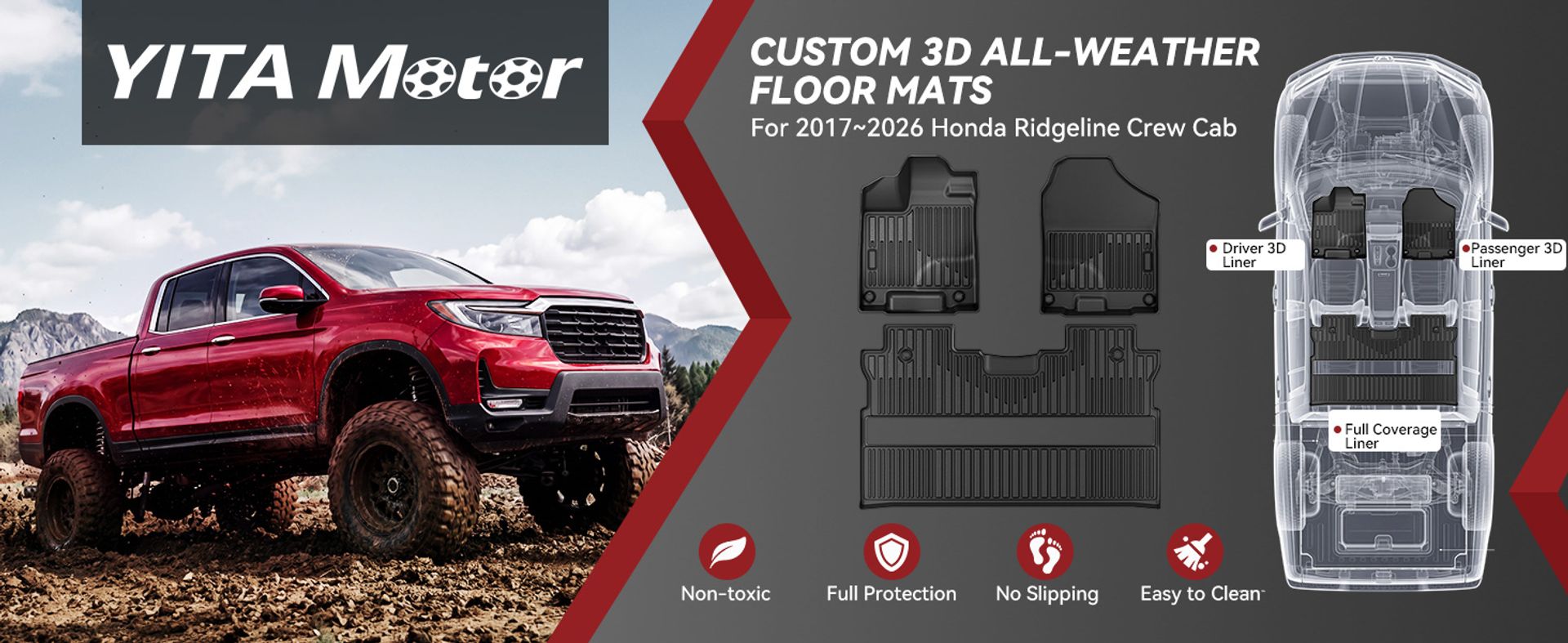 YITAMOTOR floor mats, Honda Ridgeline floor mats, Honda Ridgeline floor liners, Ridgeline floor mats, Ridgeline cargo mat, Honda Ridgeline cargo liner, Honda Ridgeline accessories, all-weather floor mats, TPE floor mats, custom fit floor liners, 3D laser scanned floor mats, digital fit floor mats, 2017 Honda Ridgeline floor mats, 2018 Honda Ridgeline floor mats, 2019 Honda Ridgeline floor mats, 2020 Honda Ridgeline floor mats, 2021 Honda Ridgeline floor mats, 2022 Honda Ridgeline floor mats, 2023 Honda Ridgeline floor mats, 2024 Honda Ridgeline floor mats, 2025 Honda Ridgeline floor mats, 2026 Honda Ridgeline floor mats, 2017 Ridgeline floor liners, 2018 Ridgeline floor liners, 2019 Ridgeline floor liners, 2020 Ridgeline floor liners, 2021 Ridgeline floor liners, 2022 Ridgeline floor liners, 2023 Ridgeline floor liners, 2024 Ridgeline floor liners, 2025 Ridgeline floor liners, 2026 Ridgeline floor liners, Honda Ridgeline Crew Cab mats, Ridgeline Crew Cab floor liners, first row floor mats, second row floor mats, cargo floor mat, 1st 2nd row floor mats, edge-to-edge floor protection, high-density TPE mats, thickened TPE floor mats, odorless floor mats, latex-free floor mats, cadmium-free floor mats, lead-free floor mats, PVC-free floor mats, non-slip floor mats, anti-slip floor liners, retainer clips, raised edge floor mats, deep rib floor liners, liquid trapping floor mats, mud and snow floor mats, sand protection floor mats, all-season car mats, hot and cold weather floor mats, washable floor liners, easy clean floor mats, hose washable mats, durable TPE floor liners, flexible floor mats, black floor mats