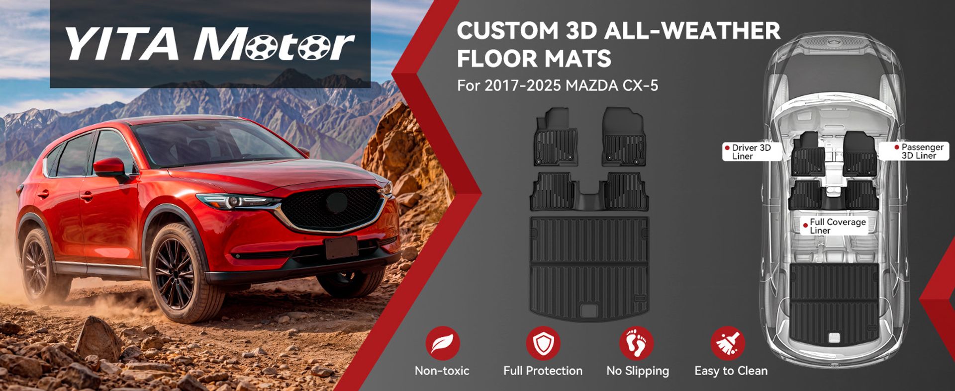 YITAMOTOR floor mats, Mazda CX-5 floor mats, Mazda CX5 floor mats, CX-5 floor liners, Mazda CX-5 floor liners, CX5 cargo liner, Mazda CX-5 cargo liner, Mazda CX-5 accessories, 2017 Mazda CX-5 floor mats, 2018 Mazda CX-5 floor mats, 2019 Mazda CX-5 floor mats, 2020 Mazda CX-5 floor mats, 2021 Mazda CX-5 floor mats, 2022 Mazda CX-5 floor mats, 2023 Mazda CX-5 floor mats, 2024 Mazda CX-5 floor mats, 2025 Mazda CX-5 floor mats, 2017-2025 CX-5 floor mats, all-weather floor mats, TPE floor mats, custom fit floor liners, full coverage floor mats, 1st row floor mats, 2nd row floor mats, cargo liner, trunk liner, high-density TPE, odorless floor mats, non-slip floor mats, anti-slip floor liners, retainer clips, raised edge floor mats, deep rib floor liners, liquid trapping floor mats, mud and snow floor mats, sand protection floor mats, washable floor liners, easy clean floor mats, durable TPE floor liners, black floor mats, carpeted floor mats, Mazda CX-5 interior accessories, Mazda CX-5 replacement floor mats, CX-5 all-season floor liners, CX-5 weatherproof floor mats, not for vinyl floor