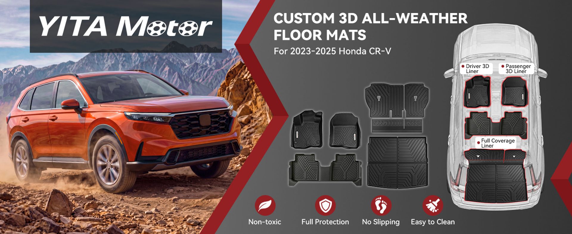 YITAMOTOR floor mats, Honda CR-V floor mats, Honda CRV floor mats, CR-V floor liners, CRV floor liners, Honda CR-V cargo liner, Honda CRV cargo mat, CR-V seat back mats, Honda CR-V accessories, all-weather floor mats, TPE floor mats, custom fit floor mats, 2023 Honda CR-V floor mats, 2024 Honda CR-V floor mats, 2025 Honda CR-V floor mats, 2026 Honda CR-V floor mats, 2027 Honda CR-V floor mats, 2023 CR-V floor liners, 2024 CR-V floor liners, 2025 CR-V floor liners, 2026 CR-V floor liners, 2027 CR-V floor liners, Honda CR-V Gas floor mats, Honda CR-V gasoline floor mats, Honda CR-V Hybrid floor mats, Honda CR-V e floor mats, CR-V EX-L floor mats, CR-V EX floor mats, CR-V LX floor mats, CR-V Hybrid Sport floor mats, CR-V Hybrid Sport-L floor mats, CR-V Hybrid Sport Touring floor mats, CR-V Hybrid TrailSport floor mats, cargo tray upper position, cargo liner, cargo floor mat, seat back liner, full set floor mats, high-density TPE, odorless floor mats, latex-free floor mats, cadmium-free floor mats, lead-free floor mats, PVC-free floor mats, raised edge floor liners, deep channel floor mats, anti-slip floor mats, retainer clips, textured cargo surface, liquid trapping floor mats, mud and snow floor mats, sand protection, all-season car mats, easy clean floor mats, washable floor liners, hose washable mats, durable TPE liners, flexible floor mats, custom digital fit floor mats