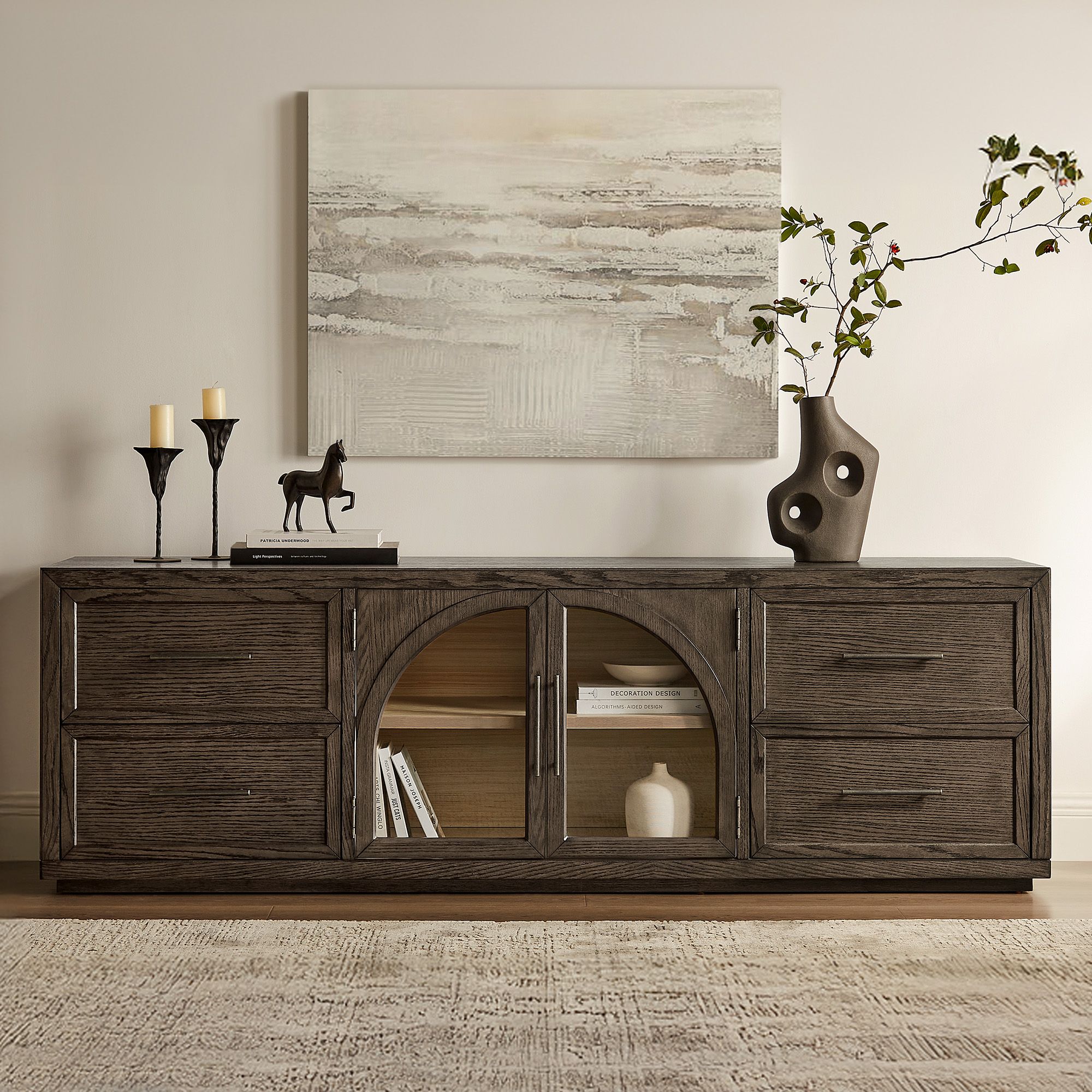 Hernest | 80 inch Dark Brown Oak TV Stand with Arched Glass