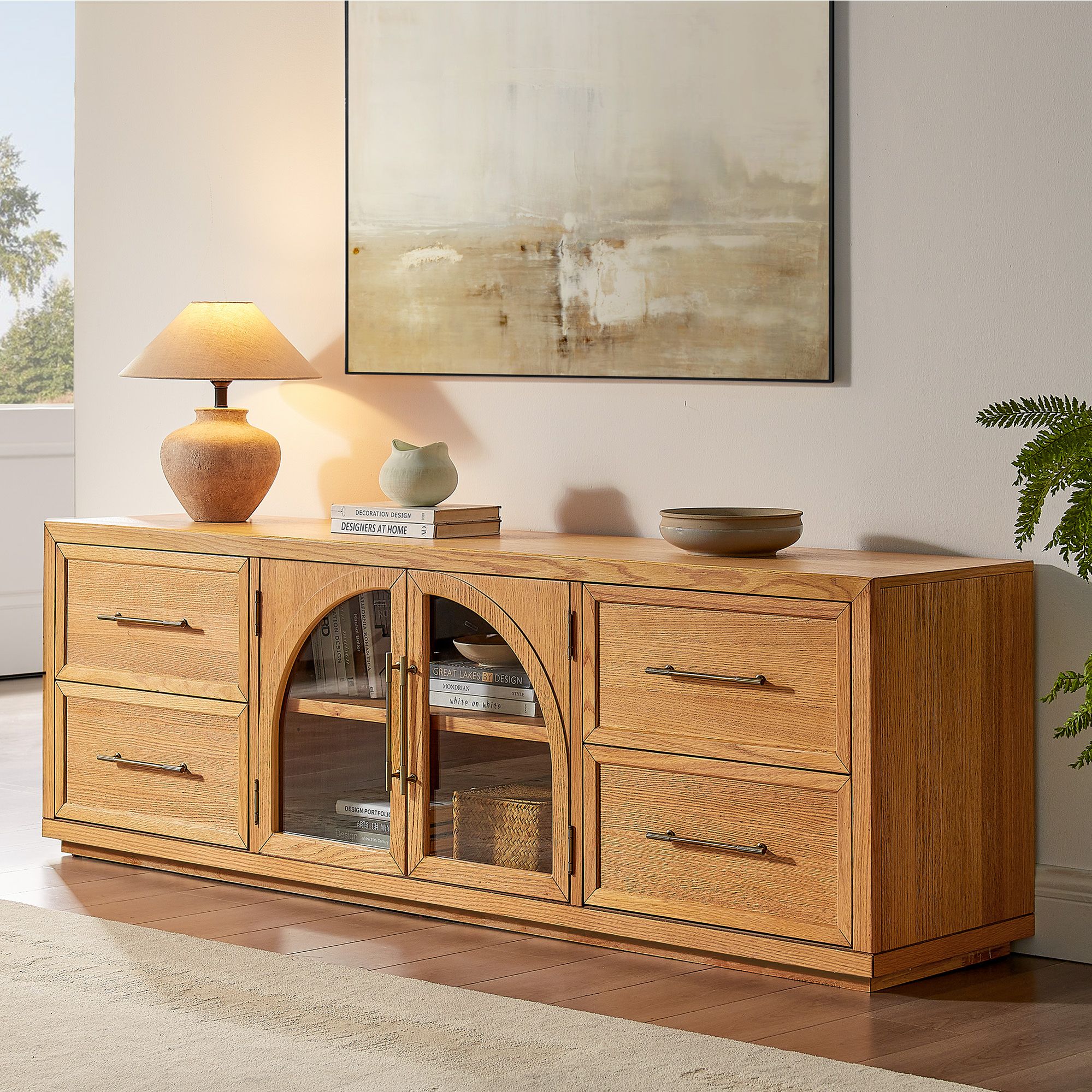 Valborg 80 inch Natural Oak Arch TV Stand with 4 Drawers