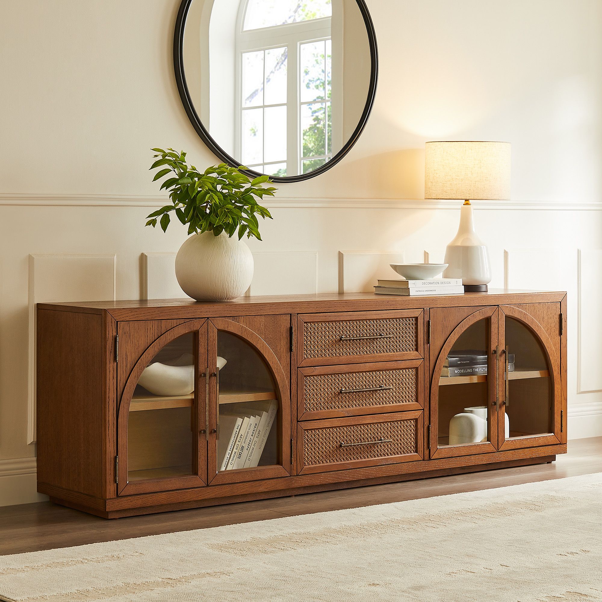 Valborg 80 inch Warm Brown Oak Arch Glass Door TV Stand | HERNEST