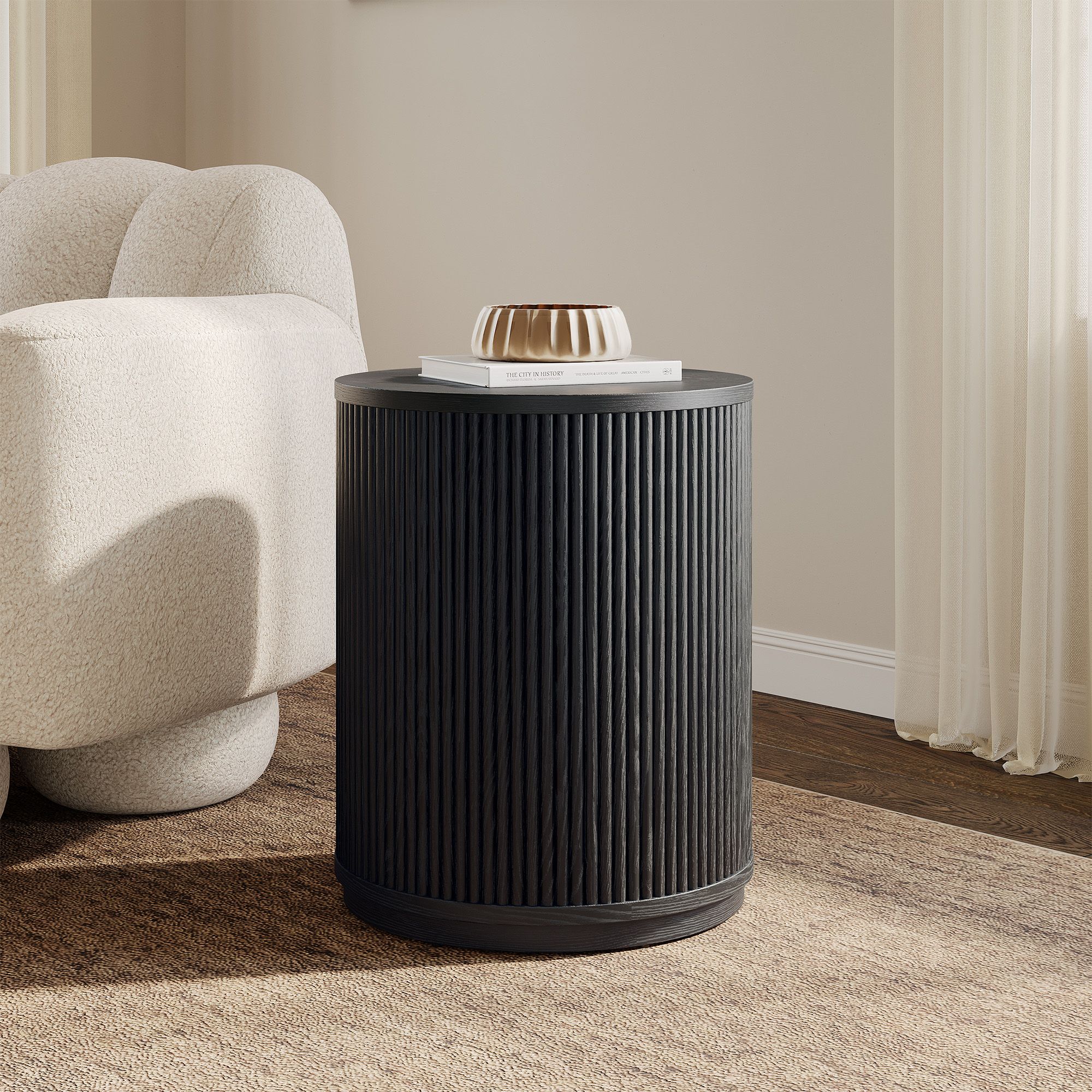 Rolf 18 inch Fluted Black Solid Oak Round Side Table | HERNEST