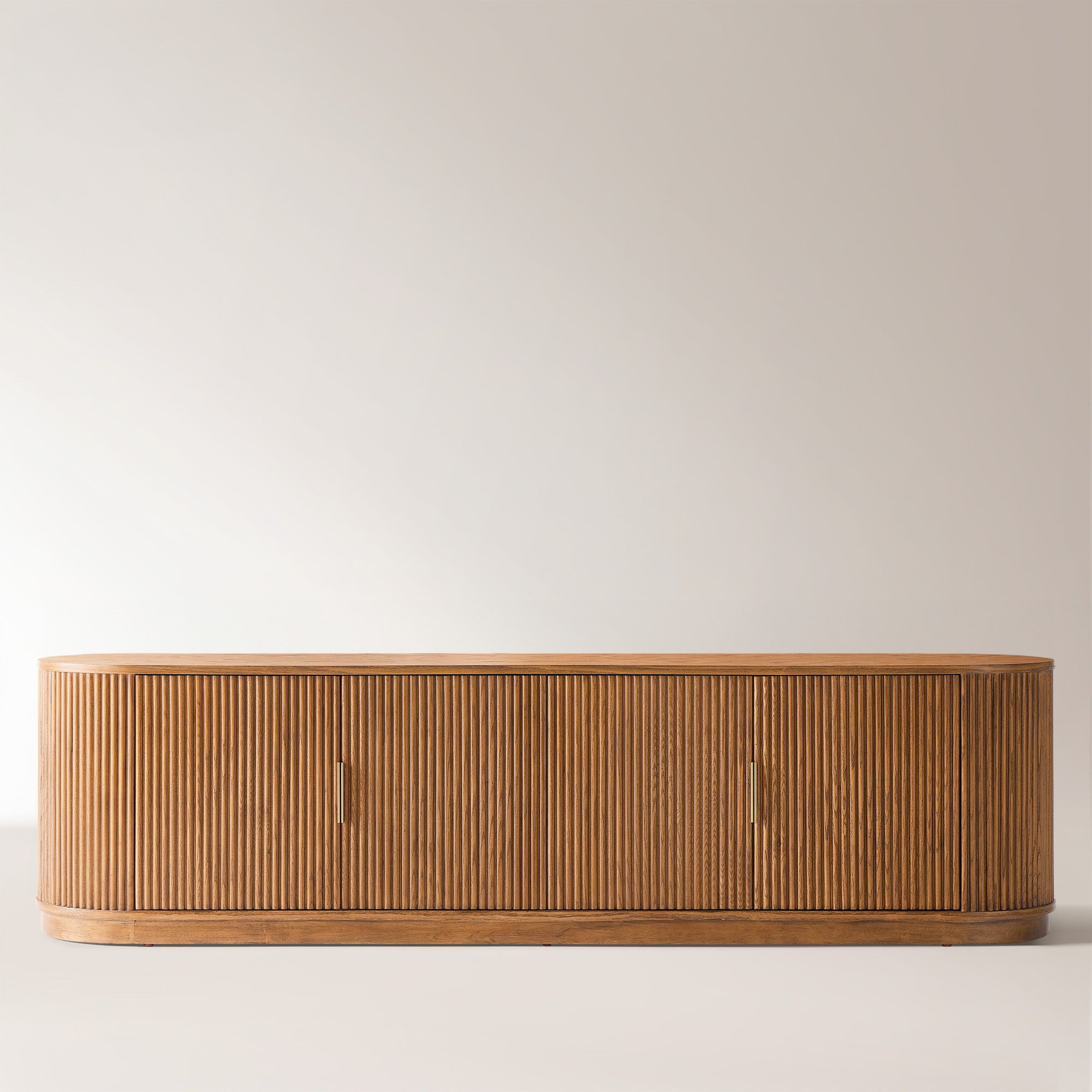 woody press（TH2）31NAT Rolf 84 inch Brown Oval Solid Oak Storage TV Stand with Adjustable